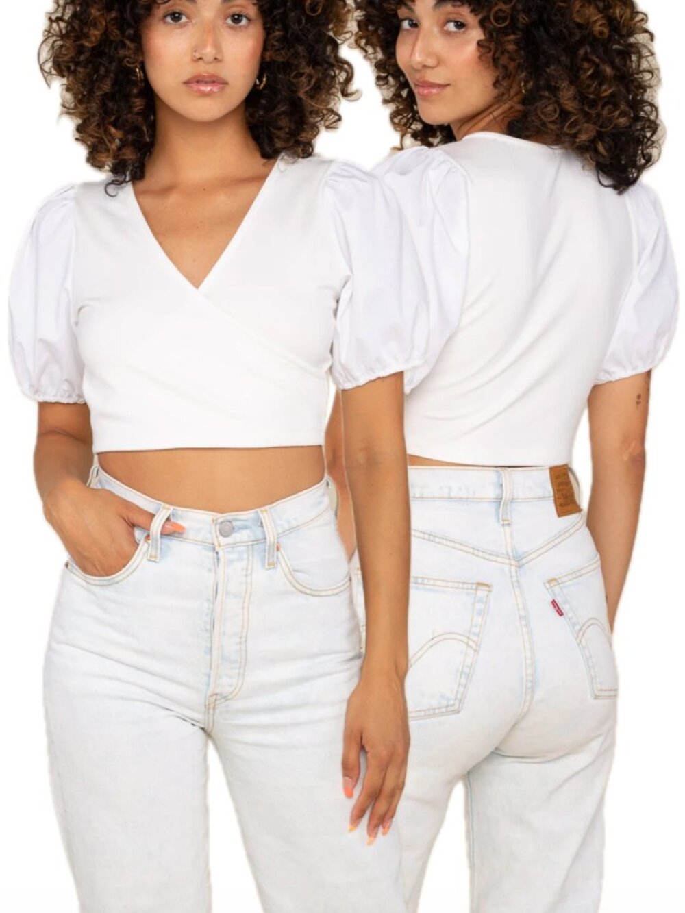 (NWOT) NLT Cotton-Poplin Puff Sleeve V-Neck Crossover Cropped Blouse (White)